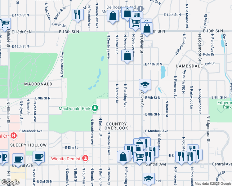 map of restaurants, bars, coffee shops, grocery stores, and more near 958 N Terrace Dr in Wichita