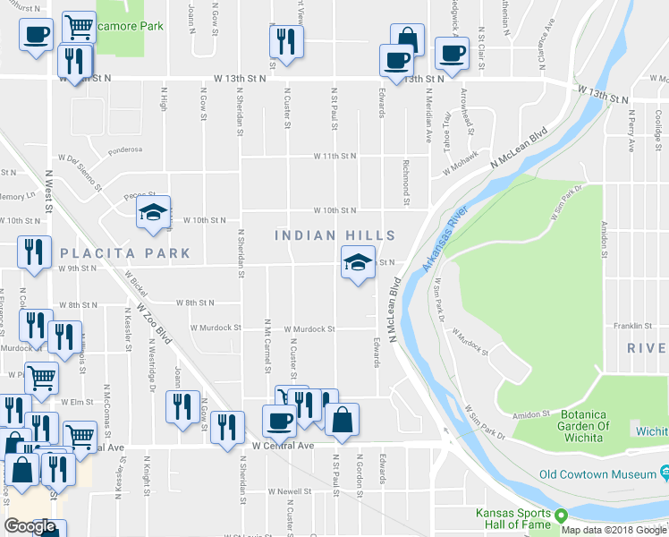 map of restaurants, bars, coffee shops, grocery stores, and more near 918 North Saint Paul Street in Wichita