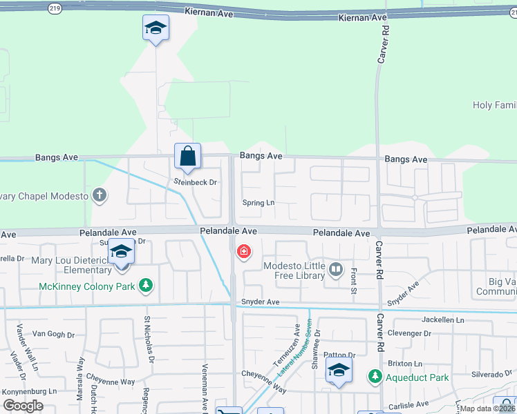 map of restaurants, bars, coffee shops, grocery stores, and more near 2012 Floral Court in Modesto