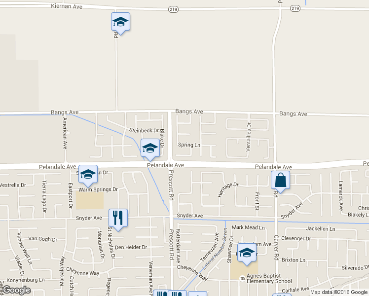 map of restaurants, bars, coffee shops, grocery stores, and more near 2012 Floral Court in Modesto