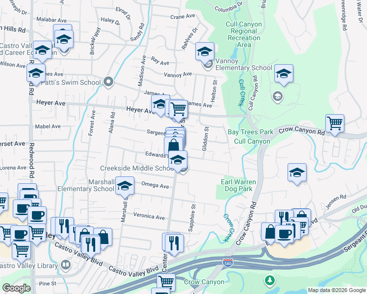 map of restaurants, bars, coffee shops, grocery stores, and more near 19597 Center Street in Castro Valley