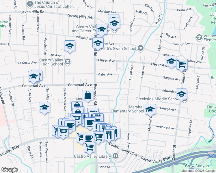 map of restaurants, bars, coffee shops, grocery stores, and more near 4161 Berdina Road in Castro Valley