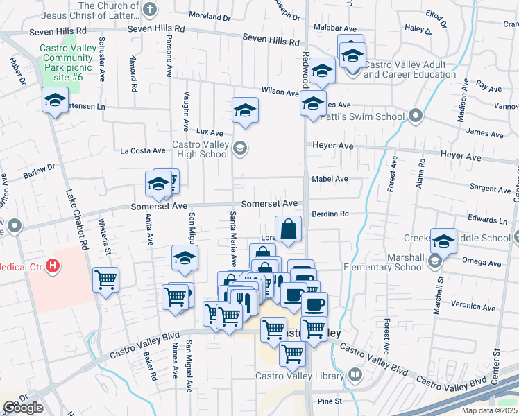 map of restaurants, bars, coffee shops, grocery stores, and more near 19960 Santa Maria Avenue in Castro Valley