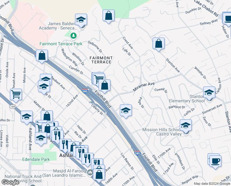 map of restaurants, bars, coffee shops, grocery stores, and more near 1960 Miramar Avenue in San Leandro