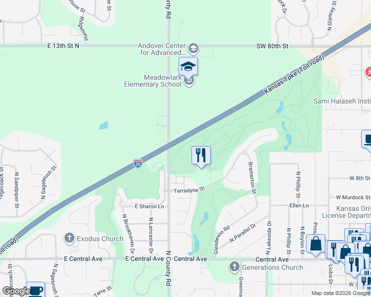 map of restaurants, bars, coffee shops, grocery stores, and more near 1111 North 159th Street East in Wichita