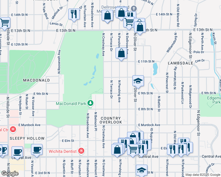 map of restaurants, bars, coffee shops, grocery stores, and more near 958 N Terrace Dr in Wichita