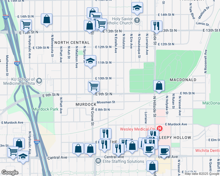 map of restaurants, bars, coffee shops, grocery stores, and more near 2654 East 9th Street North in Wichita