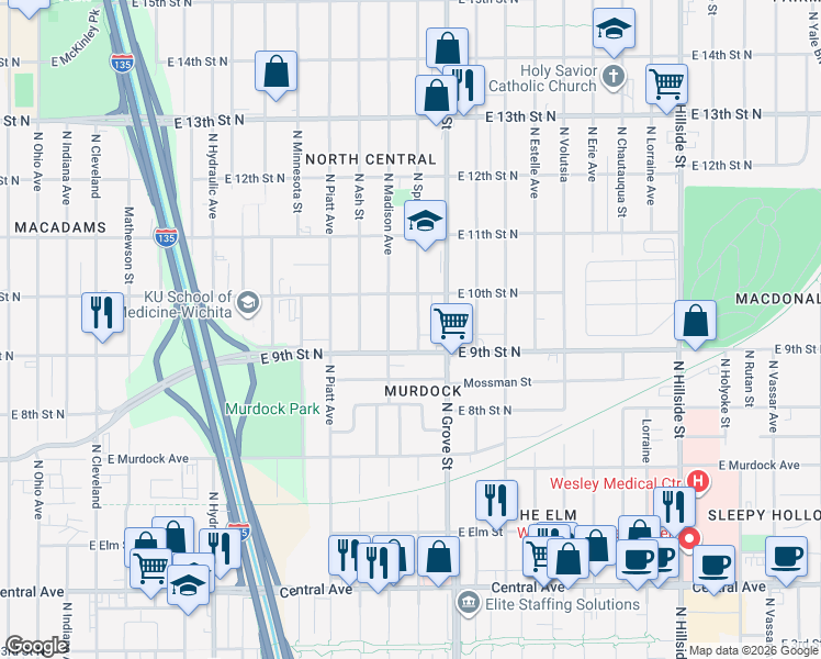 map of restaurants, bars, coffee shops, grocery stores, and more near 2222 East 9th Street North in Wichita