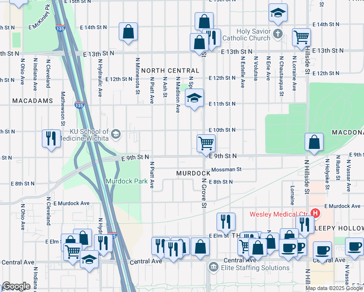 map of restaurants, bars, coffee shops, grocery stores, and more near 2222 East 9th Street North in Wichita
