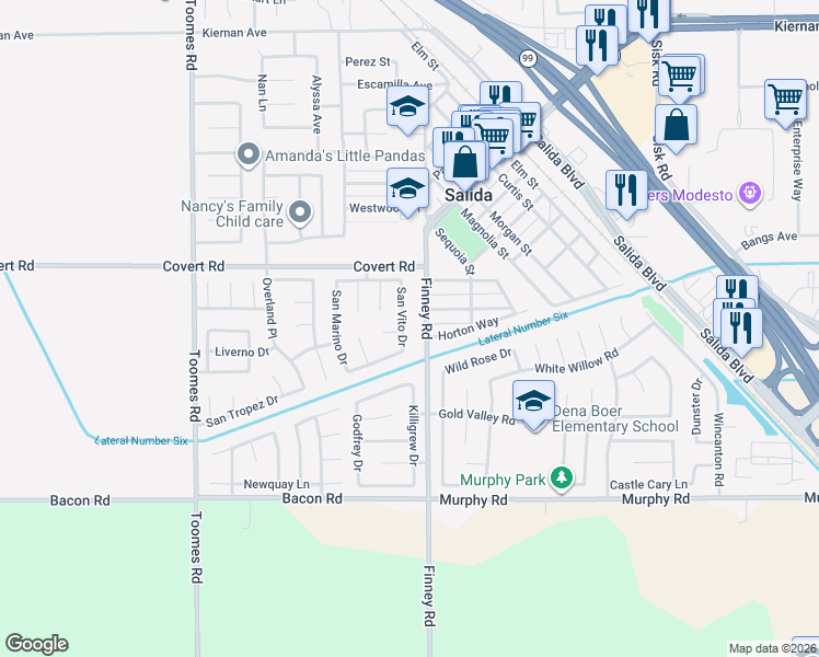 map of restaurants, bars, coffee shops, grocery stores, and more near 4306 San Vito Drive in Salida