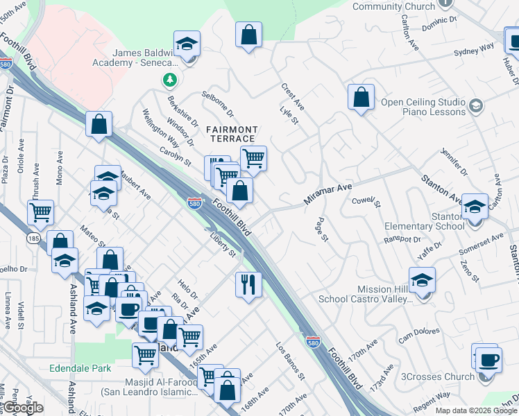 map of restaurants, bars, coffee shops, grocery stores, and more near 1960 Miramar Avenue in San Leandro