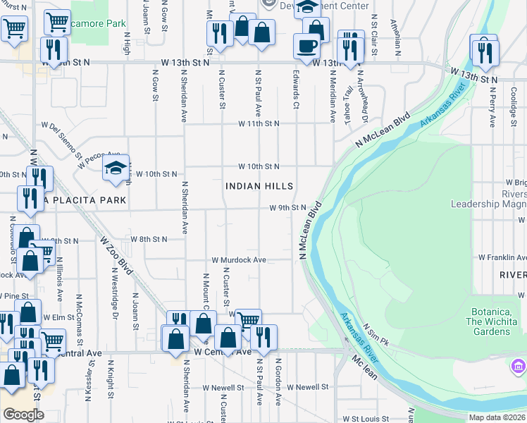 map of restaurants, bars, coffee shops, grocery stores, and more near 906 North Saint Paul Street in Wichita