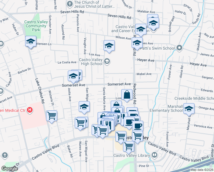 map of restaurants, bars, coffee shops, grocery stores, and more near 3767 Somerset Avenue in Castro Valley
