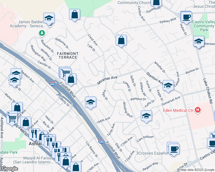 map of restaurants, bars, coffee shops, grocery stores, and more near 2505 Miramar Avenue in San Leandro