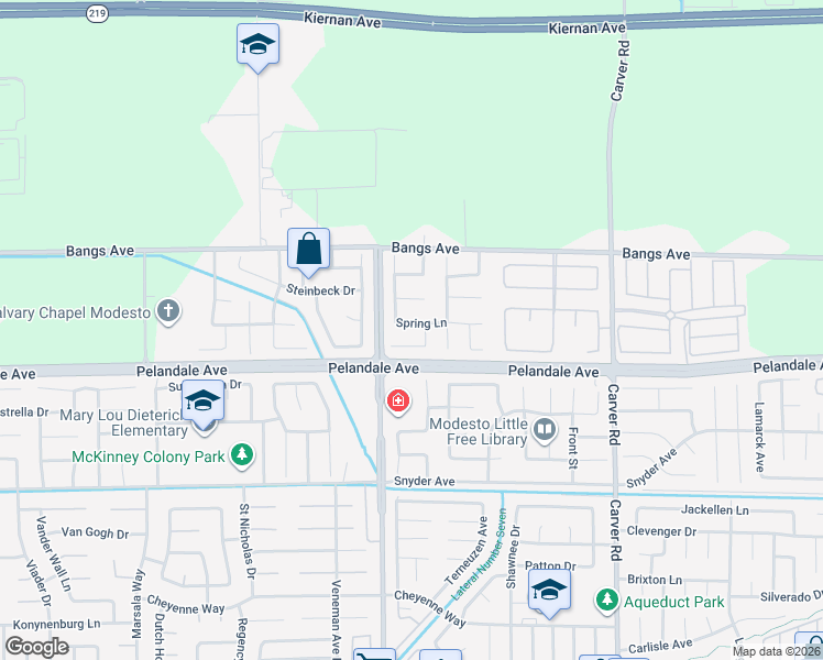 map of restaurants, bars, coffee shops, grocery stores, and more near 2012 Floral Court in Modesto