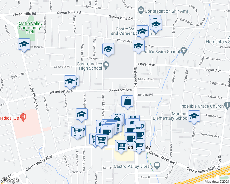 map of restaurants, bars, coffee shops, grocery stores, and more near 19960 Santa Maria Avenue in Castro Valley