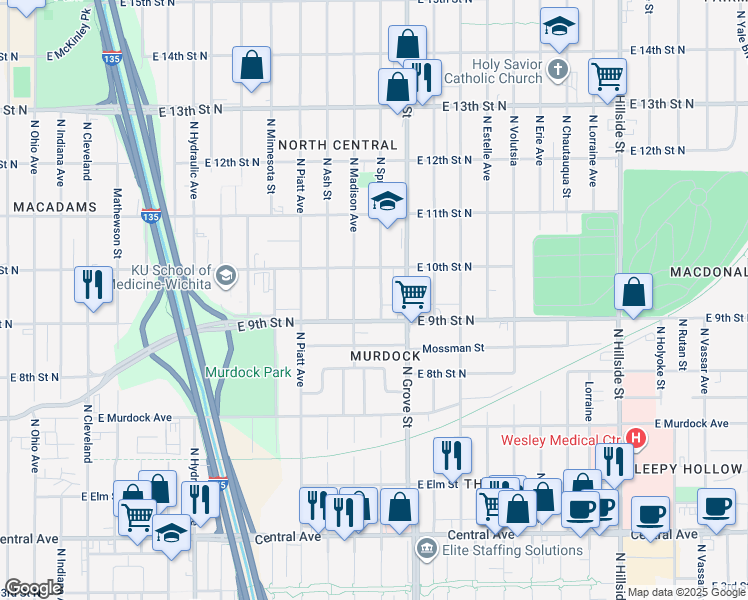 map of restaurants, bars, coffee shops, grocery stores, and more near 2222 East 9th Street North in Wichita