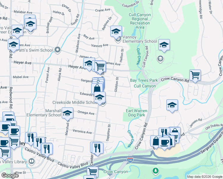 map of restaurants, bars, coffee shops, grocery stores, and more near 4534 Newhaven Way in Castro Valley
