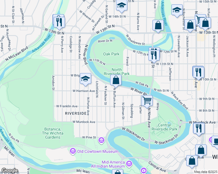 map of restaurants, bars, coffee shops, grocery stores, and more near 1201 West River Boulevard in Wichita