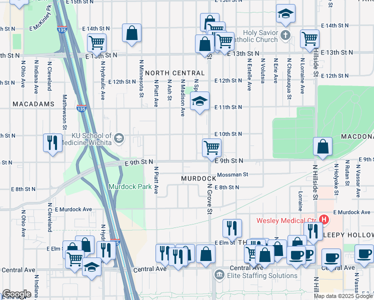 map of restaurants, bars, coffee shops, grocery stores, and more near 2222 East 9th Street North in Wichita
