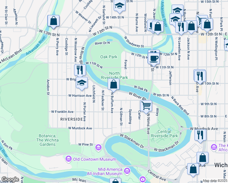 map of restaurants, bars, coffee shops, grocery stores, and more near 1204 West Riverside Avenue in Wichita