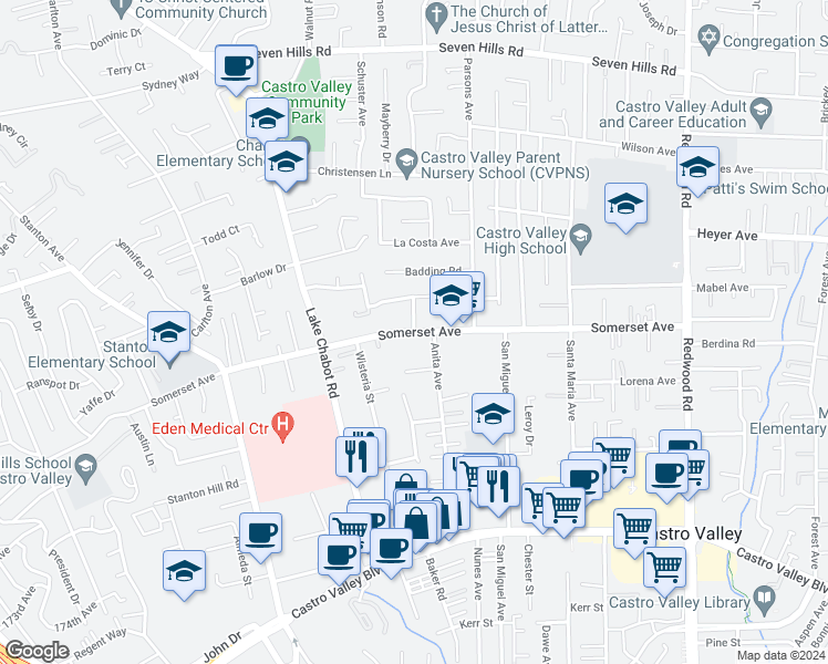 map of restaurants, bars, coffee shops, grocery stores, and more near 3305 Somerset Avenue in Castro Valley