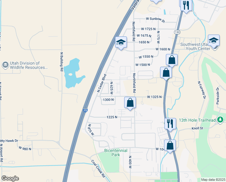 map of restaurants, bars, coffee shops, grocery stores, and more near 622 1300 North in Cedar City