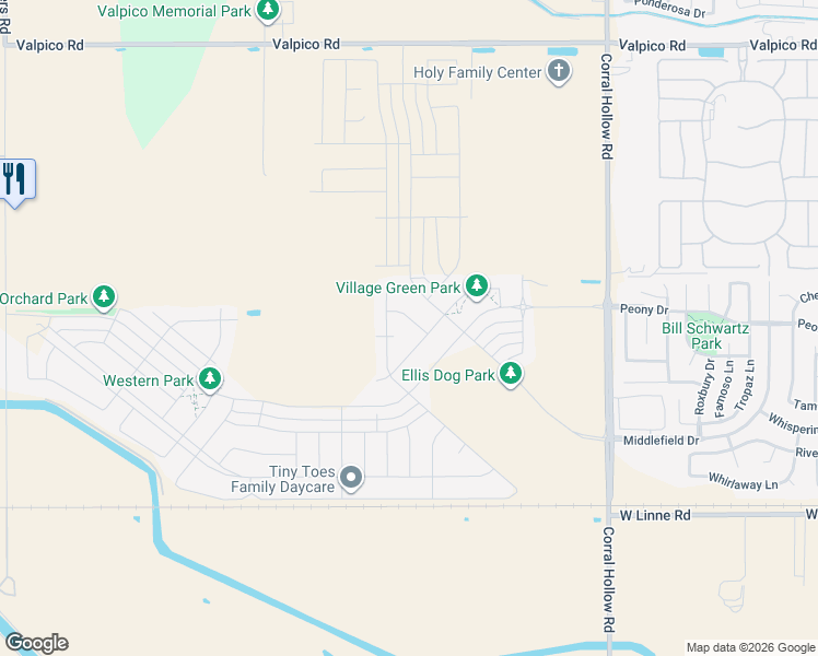 map of restaurants, bars, coffee shops, grocery stores, and more near 2423 Augusta Avenue in Tracy