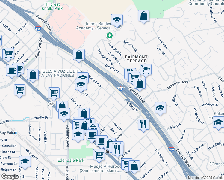 map of restaurants, bars, coffee shops, grocery stores, and more near 16226 Maubert Avenue in San Leandro