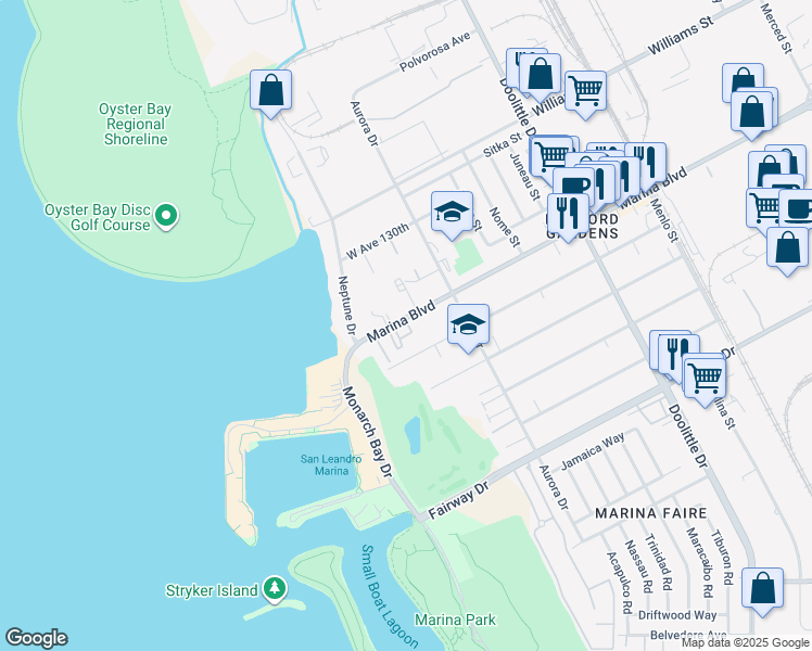 map of restaurants, bars, coffee shops, grocery stores, and more near 2621 West Avenue 133rd in San Leandro