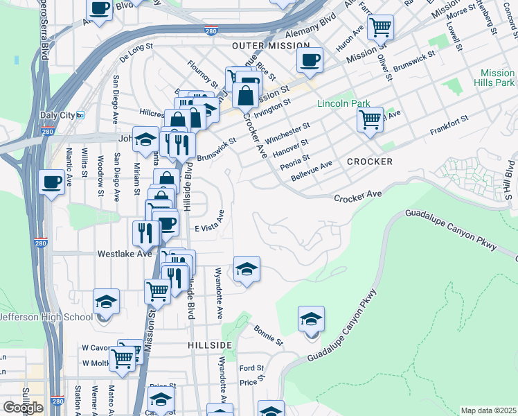 map of restaurants, bars, coffee shops, grocery stores, and more near in Daly City