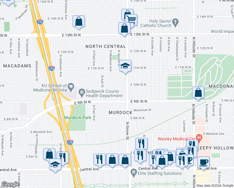 map of restaurants, bars, coffee shops, grocery stores, and more near 2222 East 9th Street North in Wichita