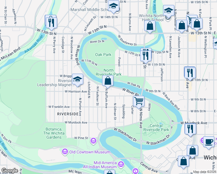 map of restaurants, bars, coffee shops, grocery stores, and more near 1204 West Riverside Avenue in Wichita