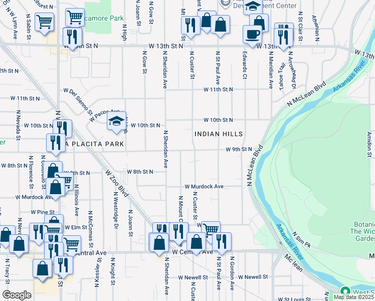 map of restaurants, bars, coffee shops, grocery stores, and more near 909 North Custer Street in Wichita