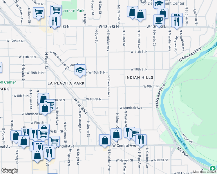 map of restaurants, bars, coffee shops, grocery stores, and more near 912 North Sheridan Street in Wichita