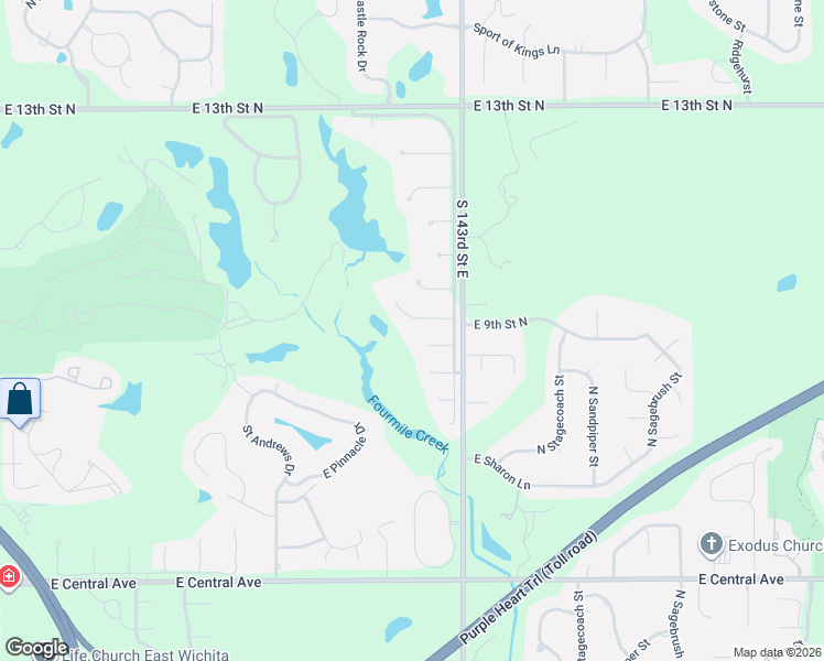 map of restaurants, bars, coffee shops, grocery stores, and more near 14311 East Killarney Circle in Wichita