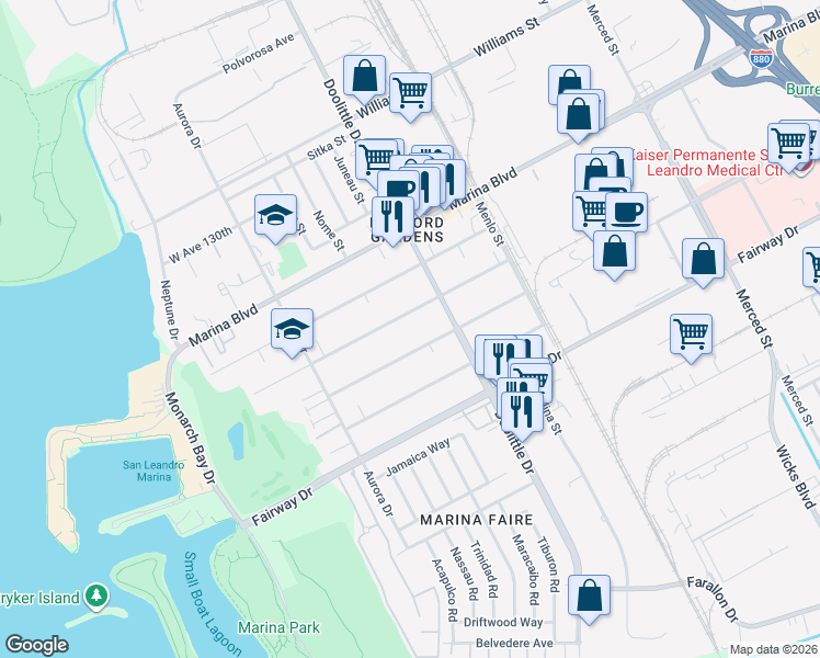 map of restaurants, bars, coffee shops, grocery stores, and more near 2292 West Avenue 134th in San Leandro