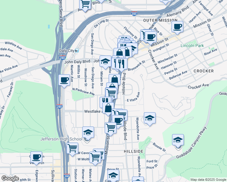 map of restaurants, bars, coffee shops, grocery stores, and more near in Daly City