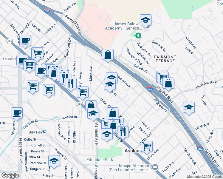 map of restaurants, bars, coffee shops, grocery stores, and more near 15980 Marcella Street in San Leandro