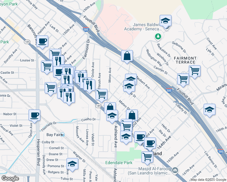 map of restaurants, bars, coffee shops, grocery stores, and more near 1521 159th Avenue in San Leandro
