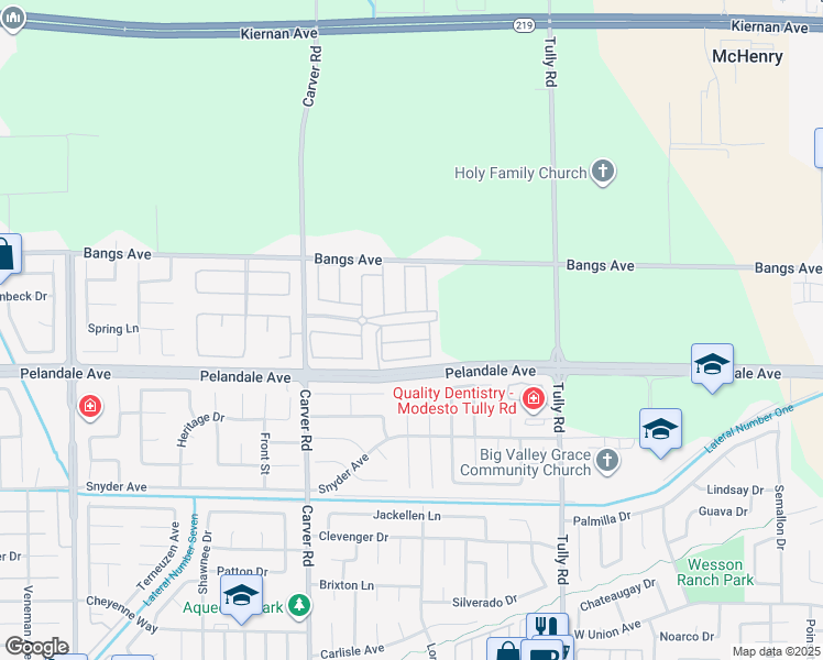 map of restaurants, bars, coffee shops, grocery stores, and more near 1300-1698 Bangs Avenue in Modesto