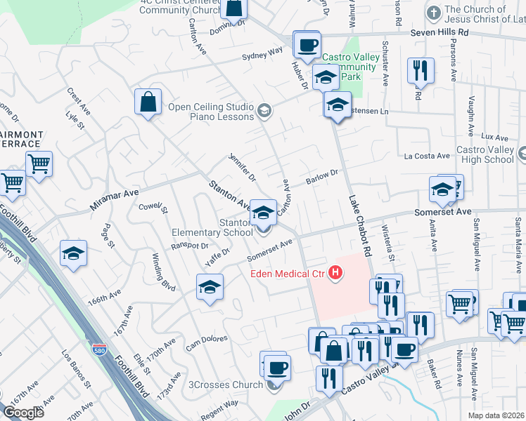 map of restaurants, bars, coffee shops, grocery stores, and more near 19560 Stanton Avenue in Castro Valley