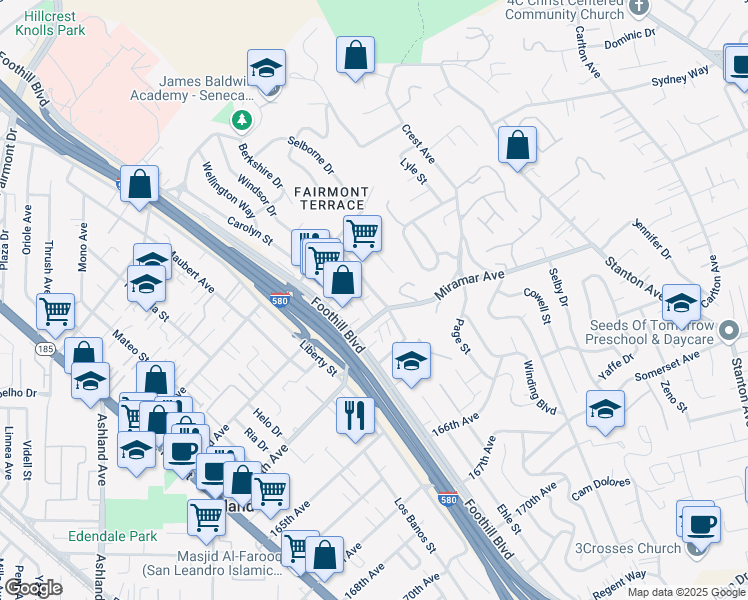 map of restaurants, bars, coffee shops, grocery stores, and more near 16272 Saratoga Street in San Leandro