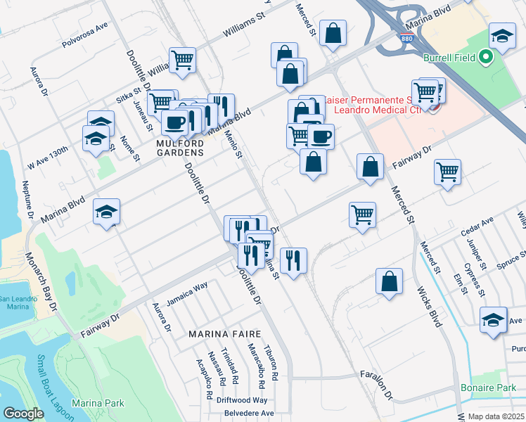 map of restaurants, bars, coffee shops, grocery stores, and more near 13515 Menlo Street in San Leandro