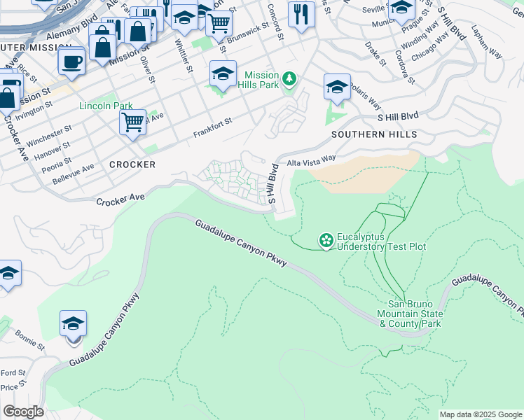 map of restaurants, bars, coffee shops, grocery stores, and more near 1805 Ipswich Lane in Daly City