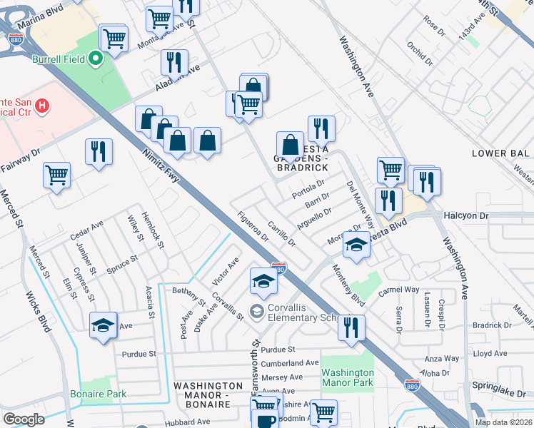 map of restaurants, bars, coffee shops, grocery stores, and more near 3480 Carrillo Drive in San Leandro