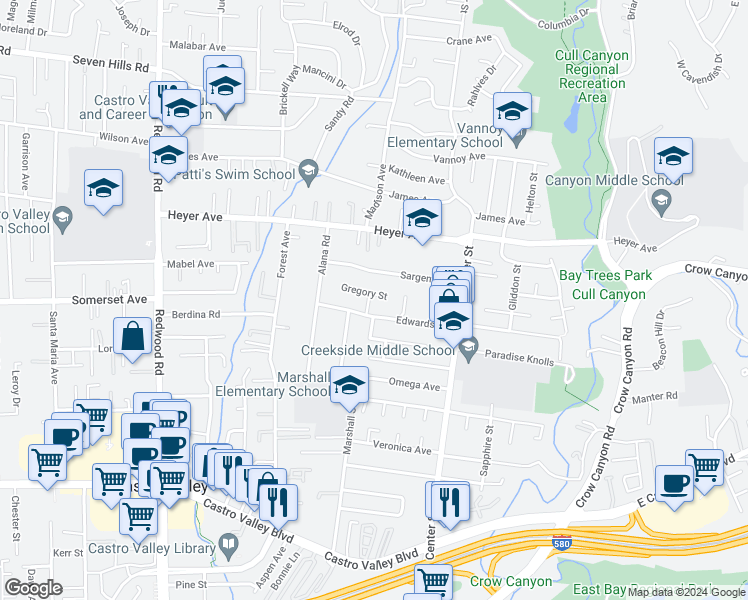 map of restaurants, bars, coffee shops, grocery stores, and more near 19554 Jaydine Street in Castro Valley