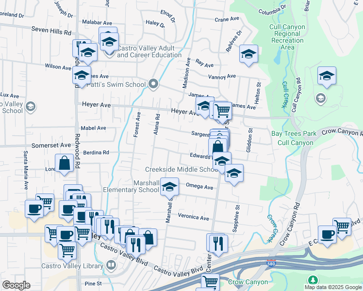 map of restaurants, bars, coffee shops, grocery stores, and more near 19554 Jaydine Street in Castro Valley