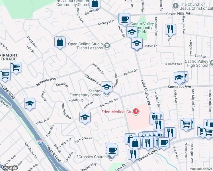 map of restaurants, bars, coffee shops, grocery stores, and more near 19560 Stanton Avenue in Castro Valley