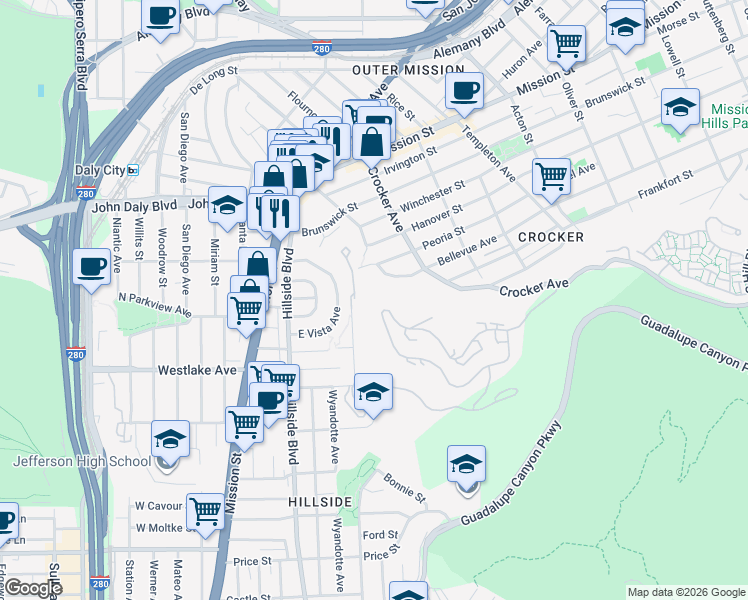 map of restaurants, bars, coffee shops, grocery stores, and more near 420 Pointe Pacific Drive in Daly City